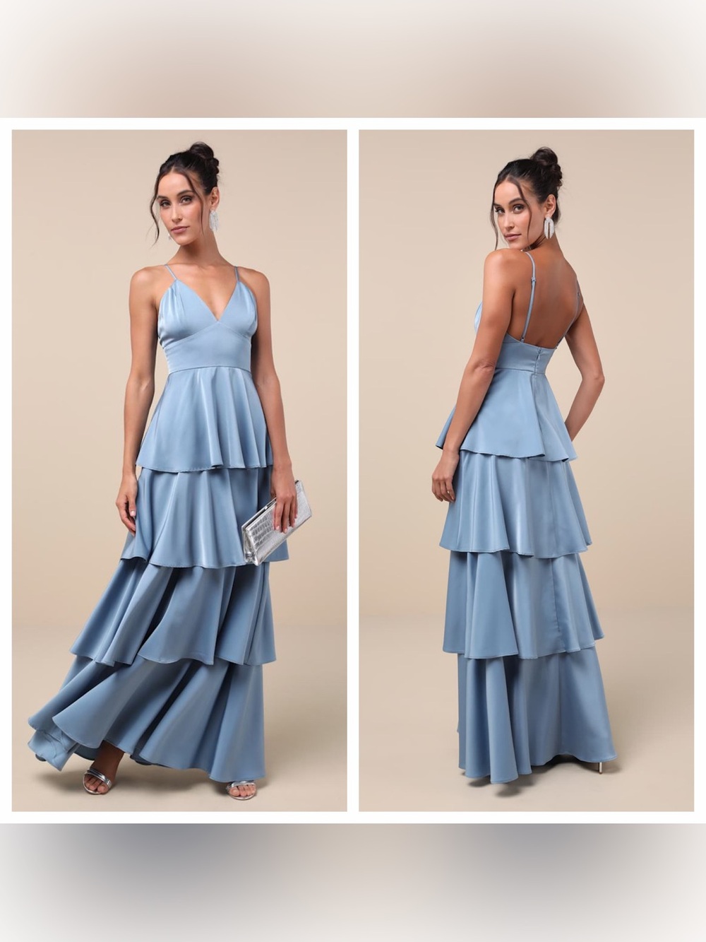 Lulu's Going with Elegance Slate Blue Satin Tiered Gown